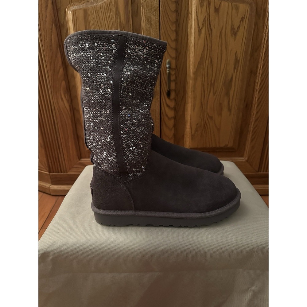 UGG Australia Camaya Knit Suede Sequin Boots In Charcoal Grey, Size 10